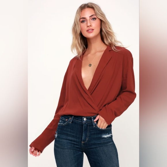 Free People Tops - Free People Terracotta Red Long Sleeve Elsa Surplice Bodysuit Women's Size Small
